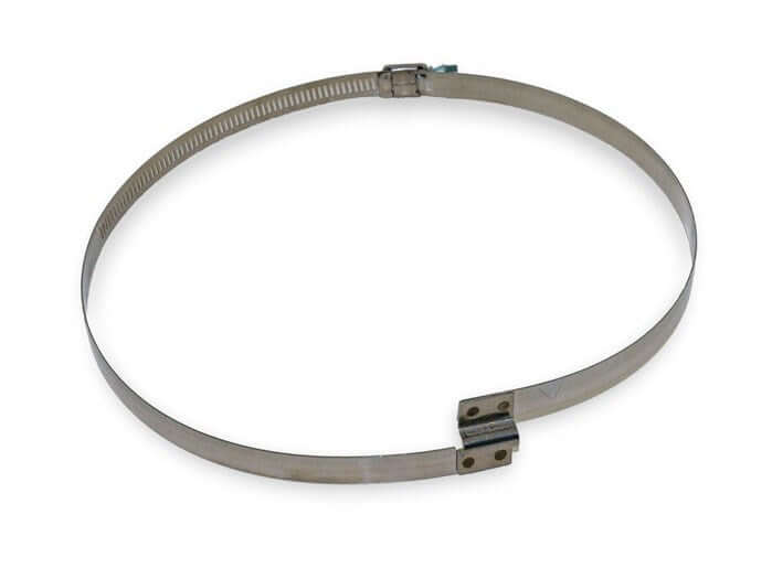 Left-handed 4-inch stainless steel band clamp designed for secure hose connections with interlocked housing.