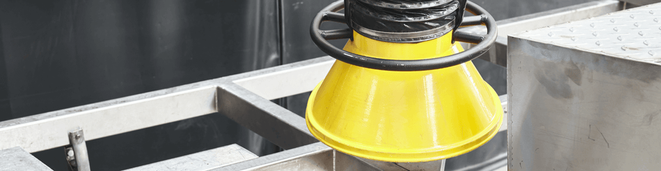 Yellow chemical fume extraction hood designed for safe containment of hazardous air in industrial settings.