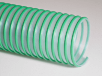 Close-up of a green polyolefin hose, showcasing its smooth interior and flexible design for various applications.