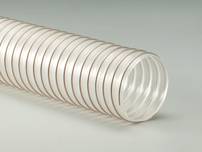 Clear polyurethane hose with spiral reinforcement, known for tear strength and flexibility for various applications.