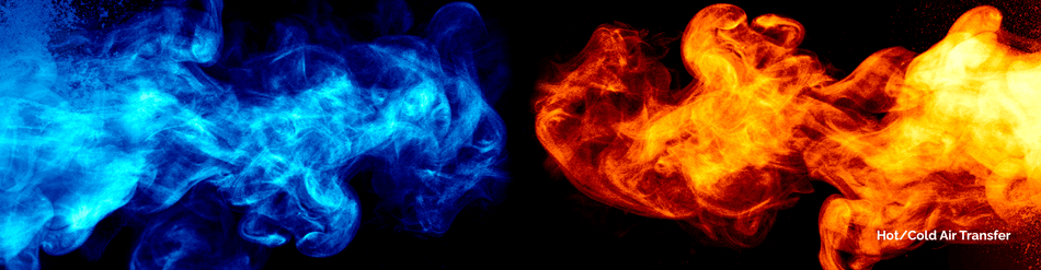 Visual representation of hot and cold air transfer applications with blue and orange smoke effects.