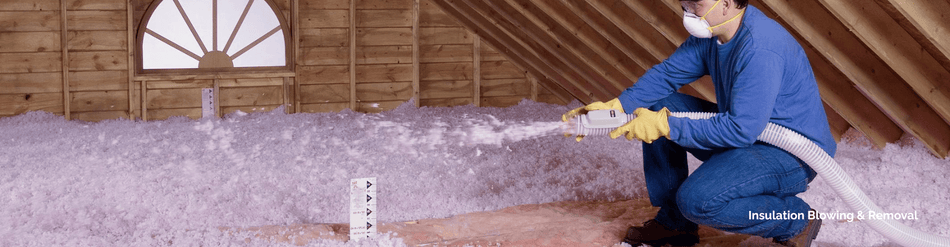 Person installing loose-fill insulation in an attic, highlighting insulation blowing and removal services.