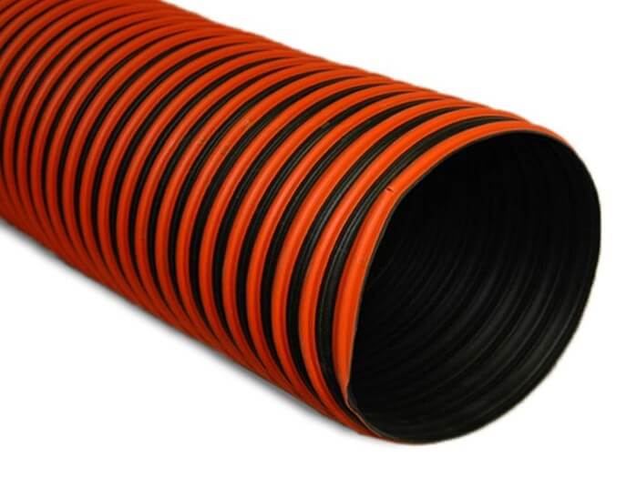 Close-up of a durable orange polypropylene hose, ideal for lawn collection and material handling.