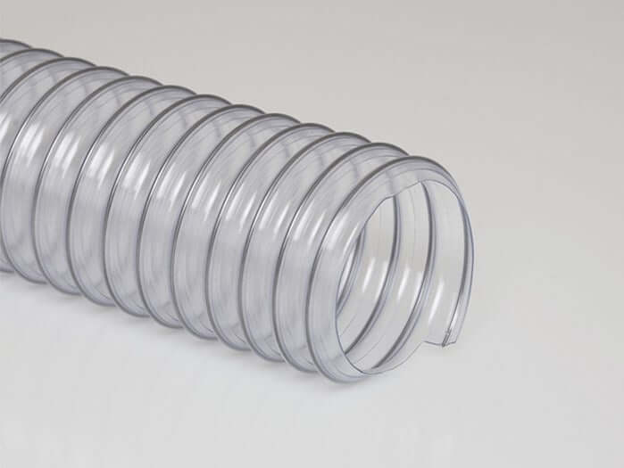PVC hose featuring flexible, durable design for industrial applications like duct cleaning and material handling.