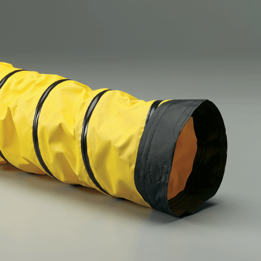 Flexible yellow coated fabric hose designed for air movement and fume control in tough work environments.