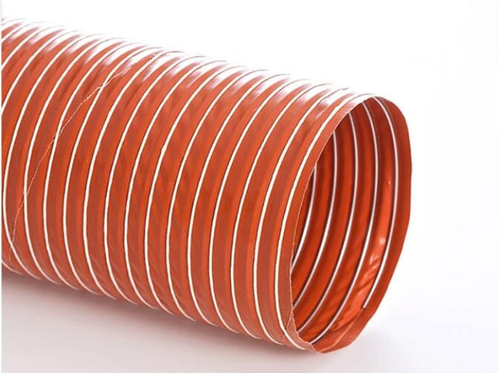 Heat-Flex BDS Hose close-up, red silicone coated fiberglass, spring steel wire helix, designed for high temperatures.