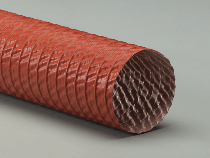 Close-up of Heat-Flex CWGS hose; lightweight, flexible, iron oxide red silicone coated fiberglass fabric with spring steel wire helix.