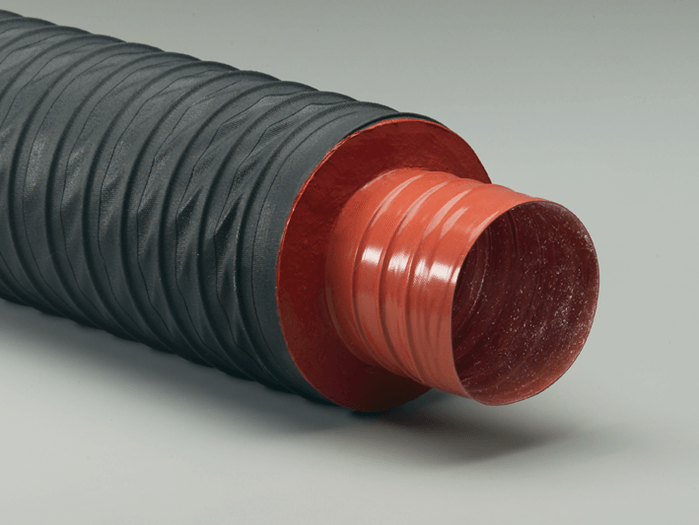 Close-up view of the Heat-Flex Flex-Vest Hose showcasing its red silicone and black neoprene layers.