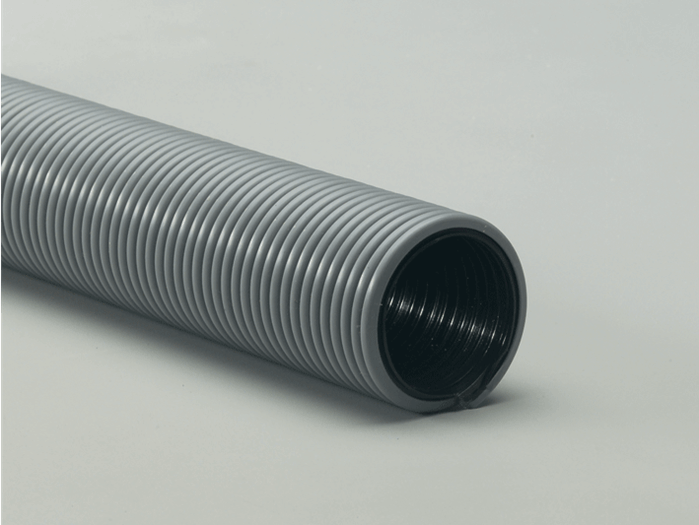 Gray polyethylene copolymer hose with integral helix, featuring high abrasion resistance and crush resistance for versatile use.