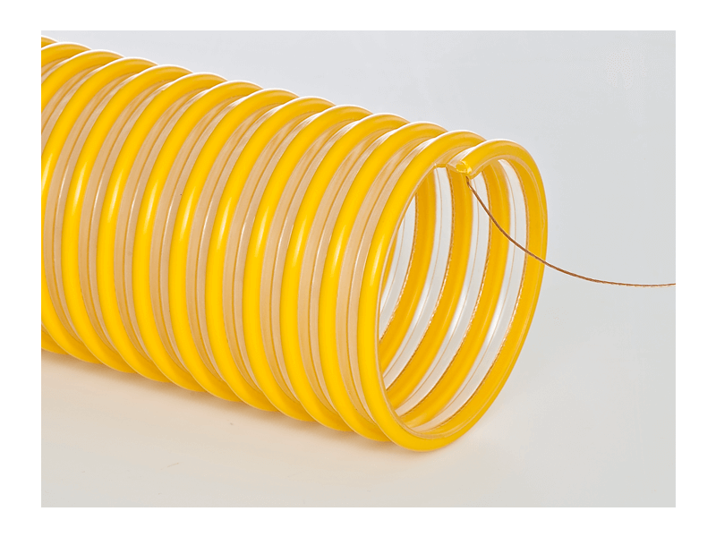 Close-up of FlexStat 60 static dissipative hose, featuring a yellow heavy-wall polyurethane design with embedded grounding wire.