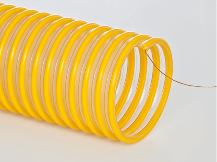 Close-up of FlexStat 60 static dissipative hose, featuring a yellow heavy-wall polyurethane design with embedded grounding wire.