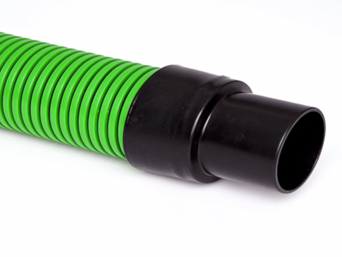 Gator Tail hose designed for septic pumping, featuring a green helix and black polyethylene fittings.