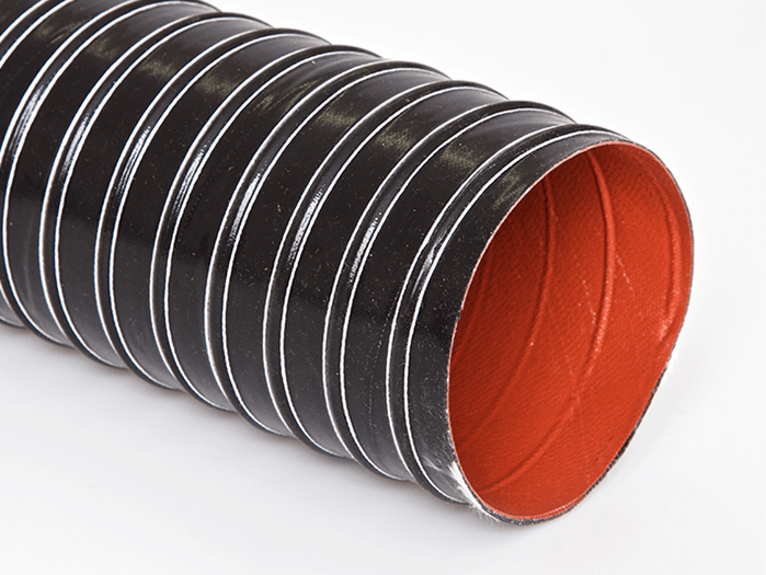 Heat-Flex NS Hose showcasing red silicone-coated fiberglass inner layer and black silicone-coated Nomex® outer layer.
