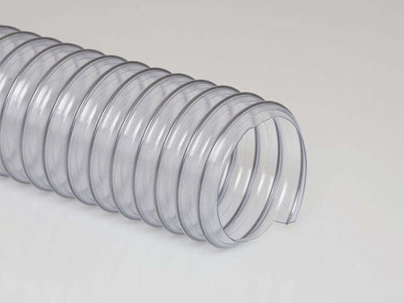 Flexadux PV R-2 Clear Hose reinforced with steel helix for dust and fume removal, showcasing flexibility and durability.