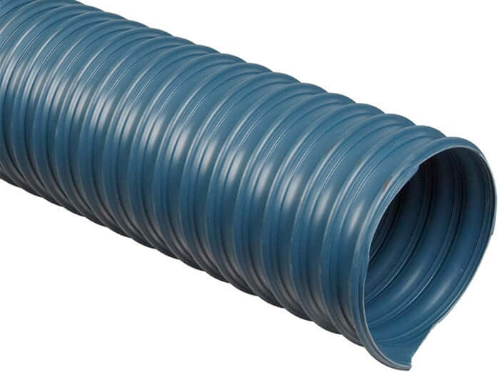 R-3 blue PVC hose with a reinforced steel wire helix, designed for ventilation applications and high abrasion resistance.