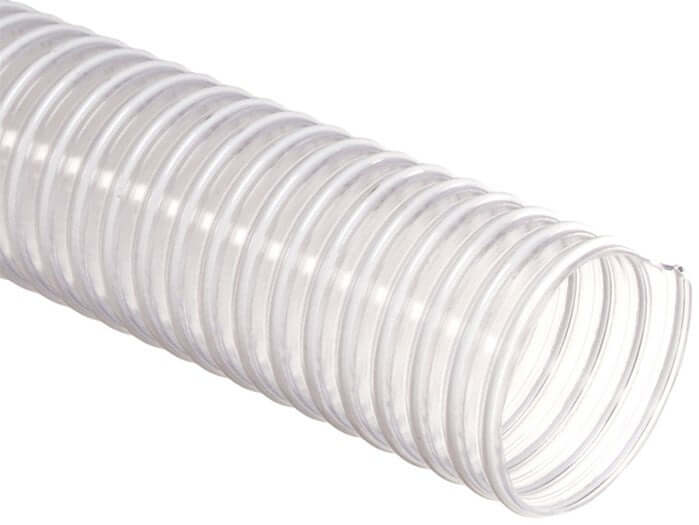 Clear heavy weight PVC hose with coated spring steel wire helix for easy viewing of contents.