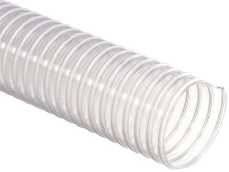 Clear heavy weight PVC hose with coated spring steel wire helix for easy viewing of contents.