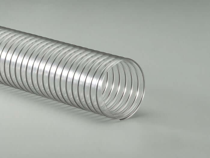 Clear dust collection hose with spring steel wire helix, flexible PVC for easy viewing, ideal for material collection.
