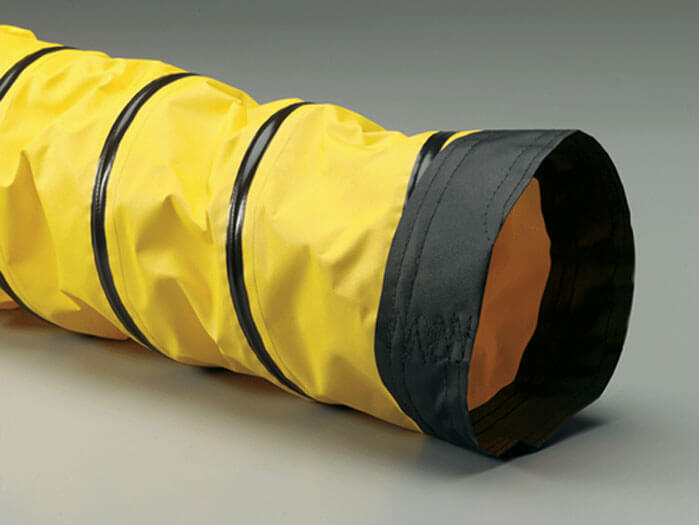 Close-up of yellow neoprene coated polyester SD-W duct hose with black trim, showcasing durable design for various applications.