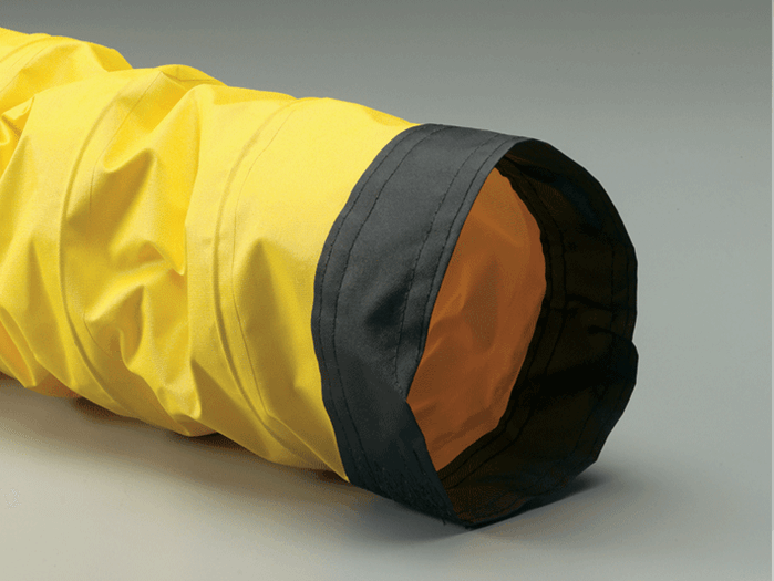 Close-up of a flexible yellow neoprene duct hose with black cuff, ideal for ventilation and exhaust systems.