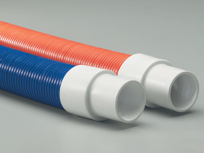 Genesis STM premium polyethylene copolymer hose in blue and orange, featuring smooth interior and abrasion resistance.