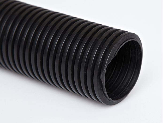Genesis StatPath conductive hose made of black polyethylene with smooth interior and ridged exterior for industrial applications.