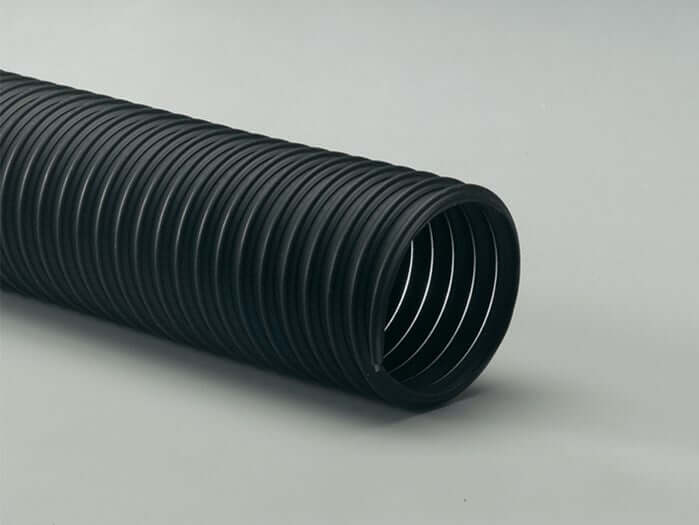 Close-up of T-7 Flexadux TR black thermoplastic rubber hose for dust collection, showcasing reinforced spring steel wire helix.