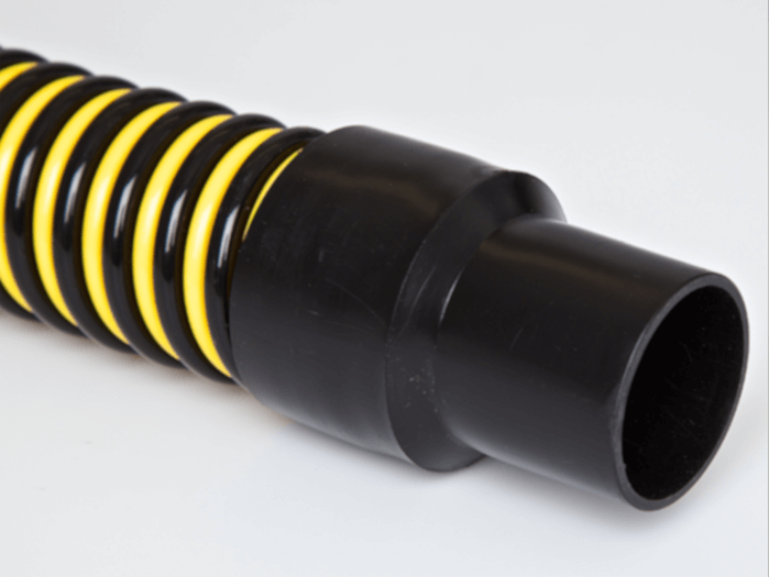 Tiger Tail Liquid Waste Removal Hose with black and yellow helix for septic pumping and sewer cleaning.