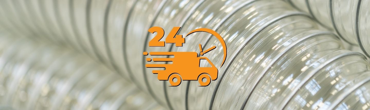 Close-up of hoses with an orange icon of a truck and '24' hours symbol.