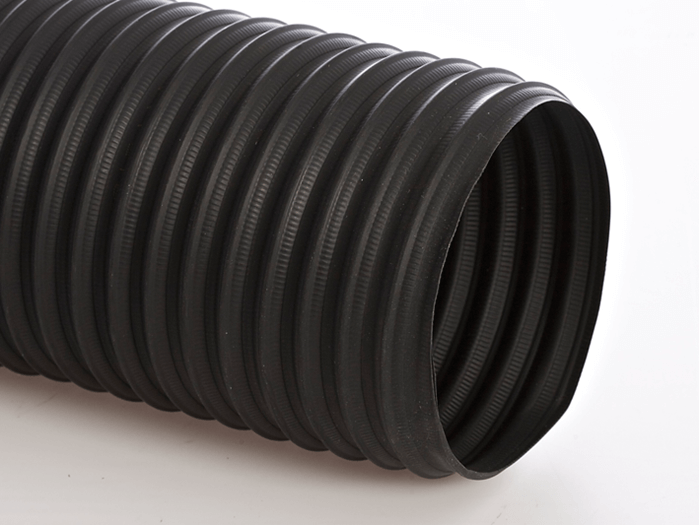Close-up of XLT Hose Flexadux TR, lightweight black thermoplastic rubber hose with flexible spring steel wire helix.